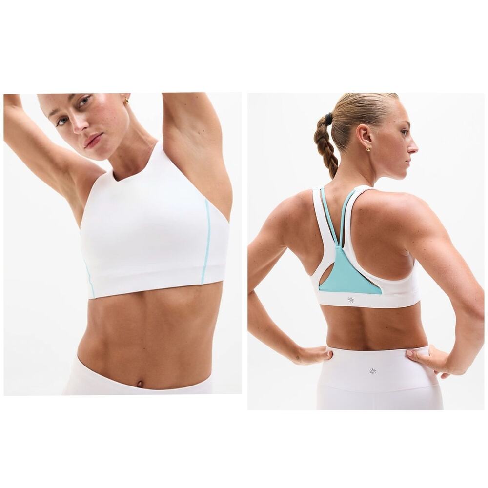 Athleta Flex Spacer Tipped Sports Bra Large Light Support Blue White